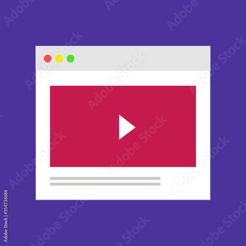 Vector illustration of an open internet browser with a video player page with a play button. Music, movie online. Text block. Web design. Usability. Interface. Website development. Prototypes. Flat.