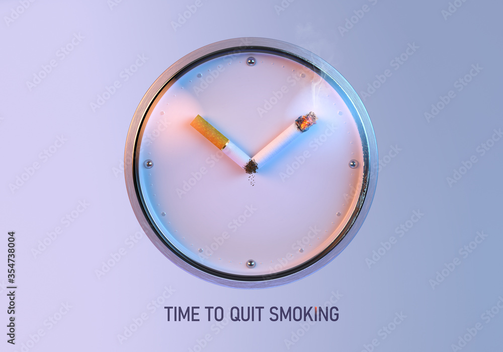 Time to quit smoking 3D concept illustration design: clock, broken cigarette close-up color background isolated. Stop smoking, quitting smoking, no tobacco day, quit bad habit, healthy lifestyle image Time to quit smoking 3D concept illustration design: clock, broken cigarette close-up color background isolated. Stop smoking, quitting smoking, no tobacco day, quit bad habit, healthy lifestyle image