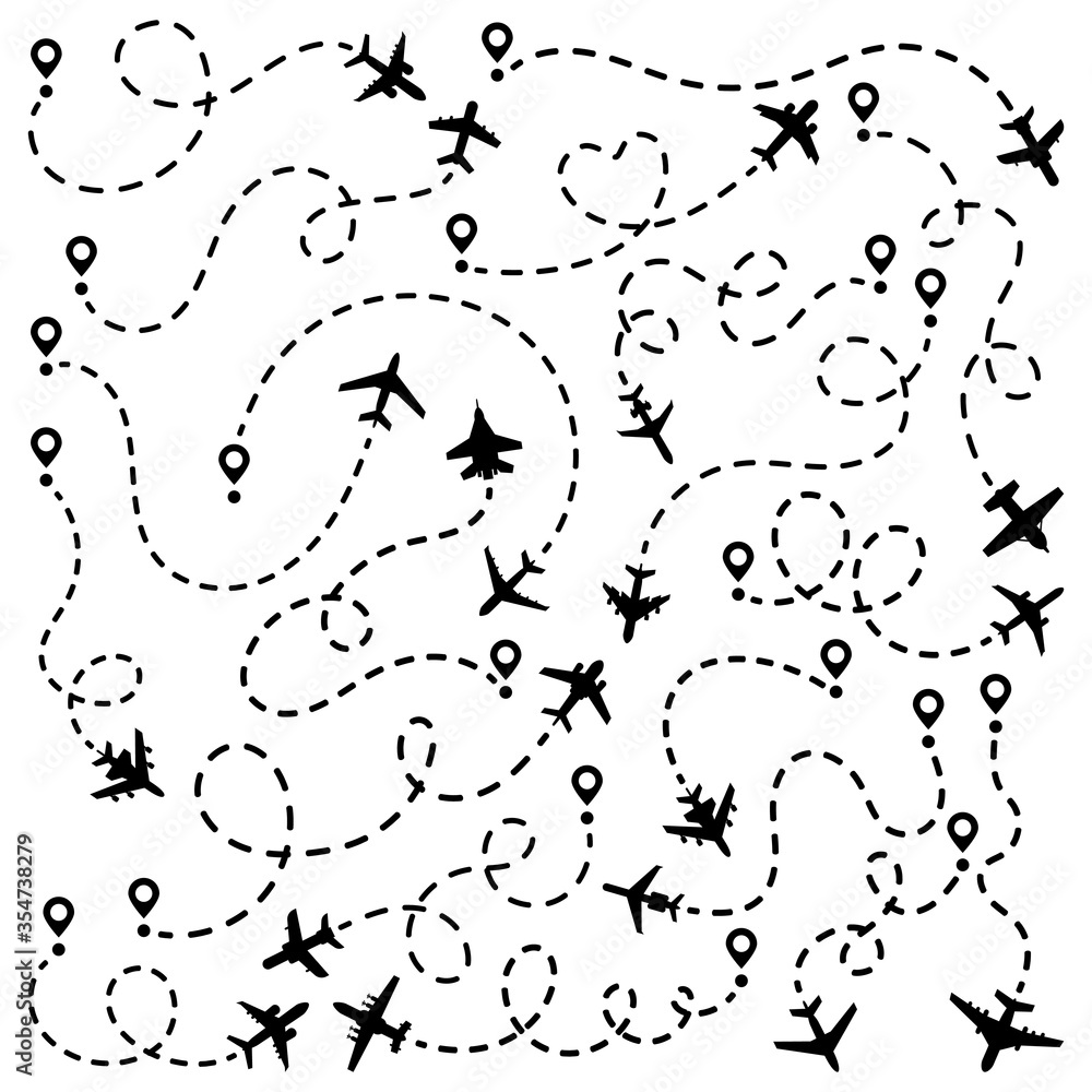 Naklejka premium Set of airplanes and its track on a white background. Vector illustration