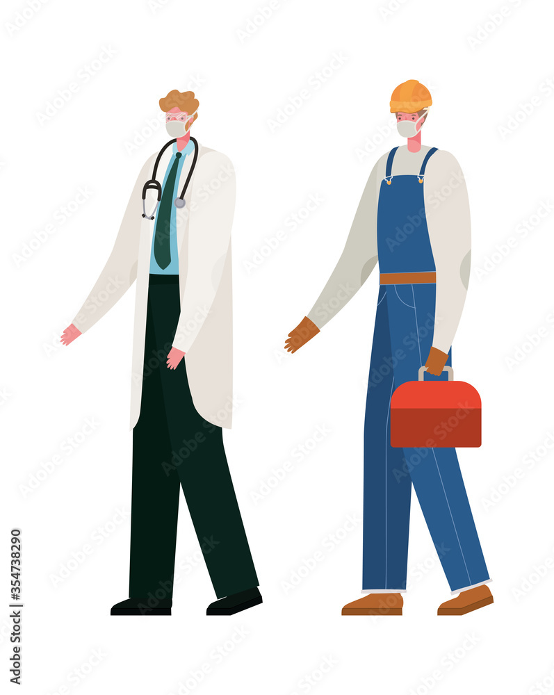 Isolated male doctor and constructer with masks vector design