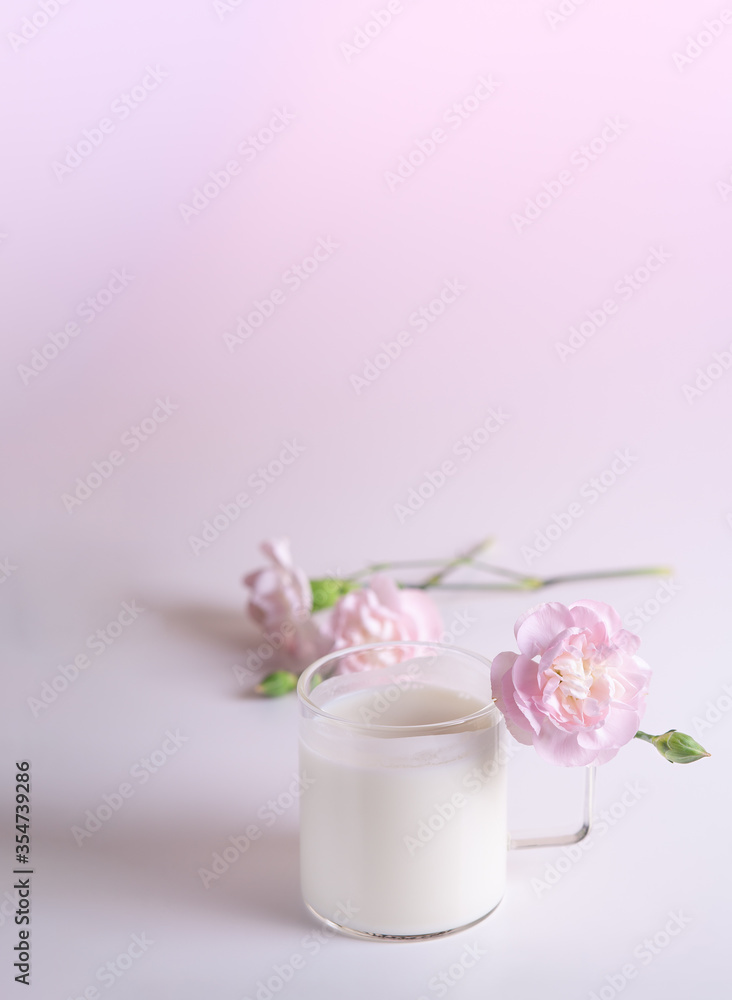 glass of milk on white table with soft pink flowers. elegant pink carnation flowers in pastel colours glass of milk on white table with soft pink flowers. elegant pink carnation flowers in pastel colours
