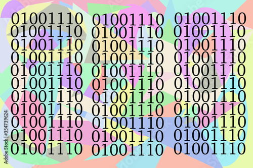 computer byte, bits string, binary code, two-symbols decimal number set, unit of digital information, encoding pattern, geometric colourful background