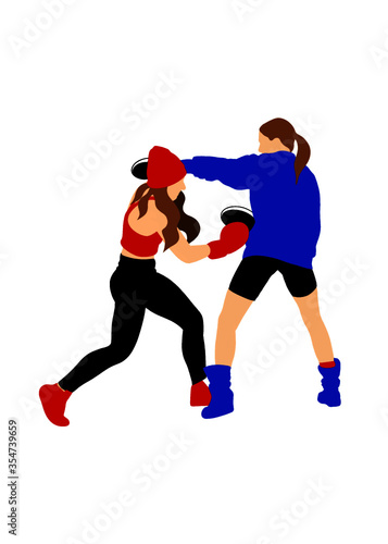 vector illustration, the girls playing boxing. 