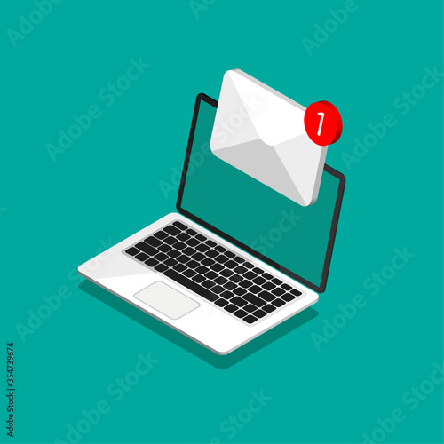 Isometric design of laptop with envelope and document on screen. Getting or send new letter. E-mail, email marketing, internet advertising concepts in trendy style. Vector illustration.