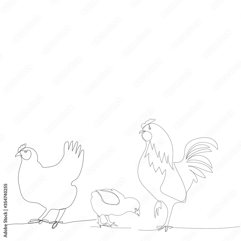 continuous line drawing of chickens and chicken, rooster