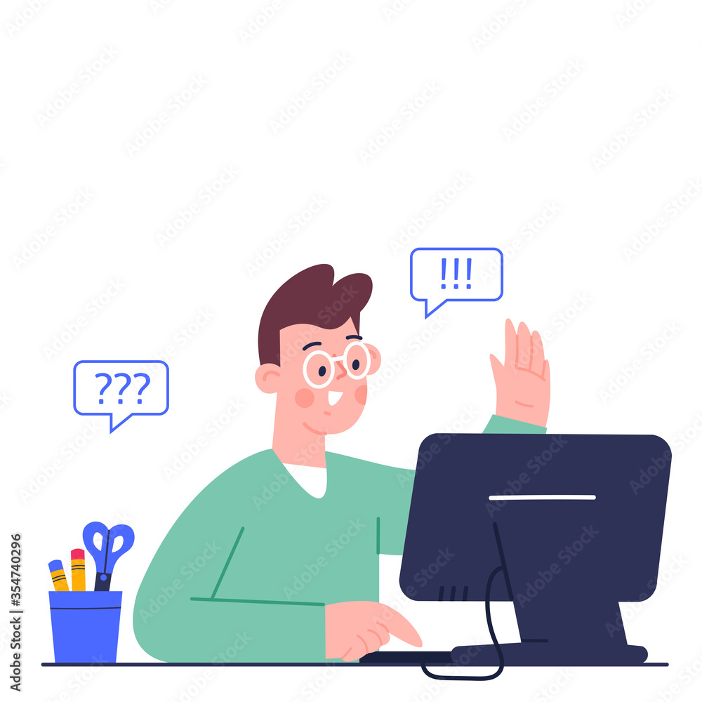 Cute boy studying homework during his online lesson at home, social distance during quarantine, self-isolation, home schooler Cute boy studying homework during his online lesson at home, social distance during quarantine, self-isolation, home schooler