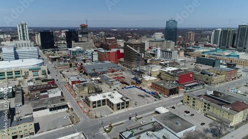 Aerial Towards Empty Downtown With Construction Crane Not in Use Ghost Town During Day photo