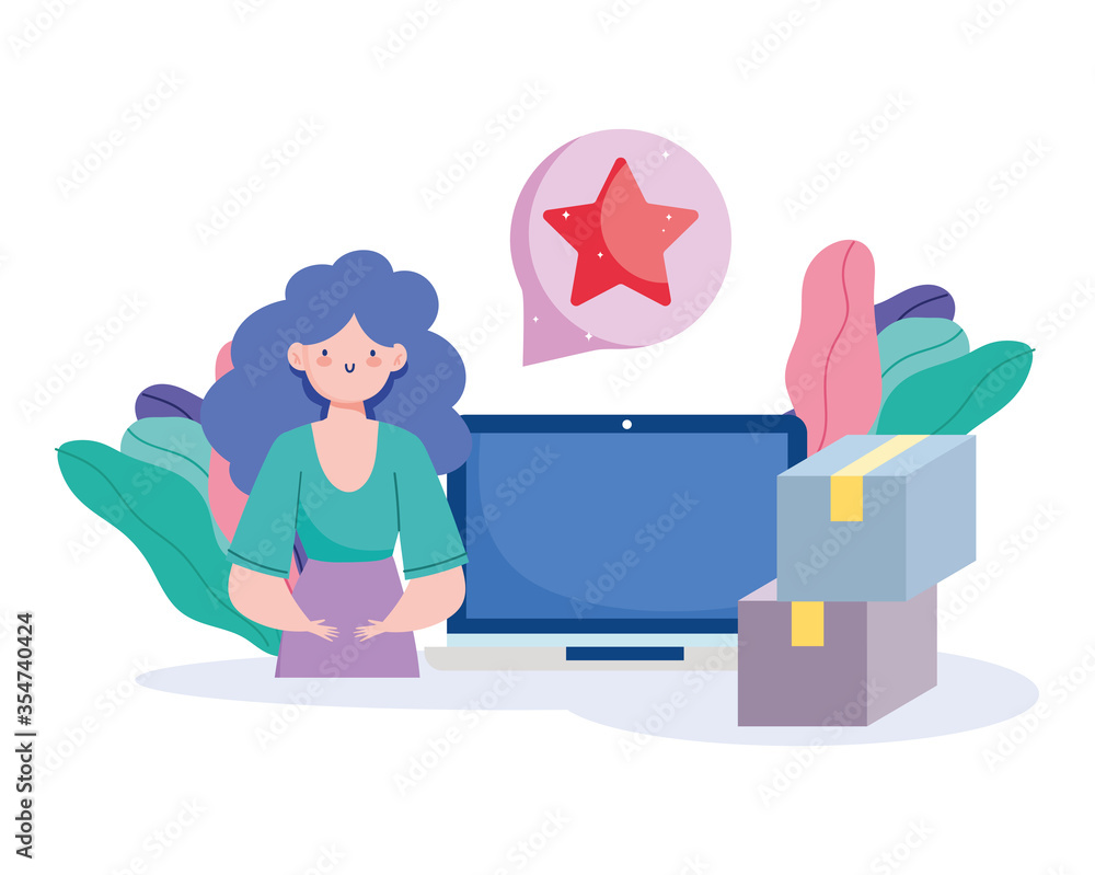 online payment, woman and computer ordering boxes, ecommerce market shopping, mobile app online payment, woman and computer ordering boxes, ecommerce market shopping, mobile app