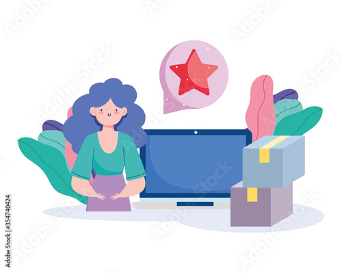 online payment, woman and computer ordering boxes, ecommerce market shopping, mobile app