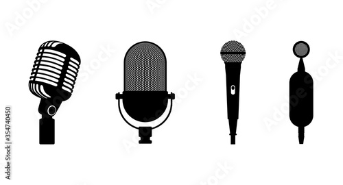 Four microphones retro classic and modern set. Microphone black silhouette on white background. Music icon mic. Mike flat design vector eps illustration