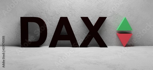 cgi render illustration of the word DAX infront of a white concrete wall, green and red up and down arrows
