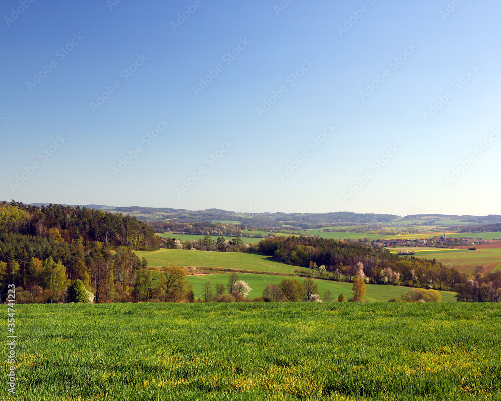 Spring landscape in sunny day. Rural countryside.