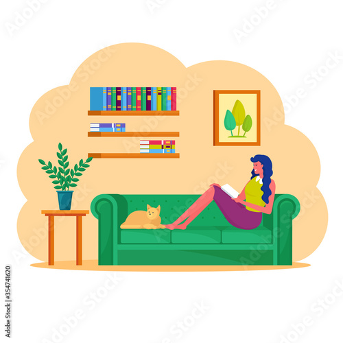 Woman sitting on sofa with laptop.  Freelancer works from house office. Online education, student girl studying at home. Quarantine, isolation period concept. Vector cartoon design