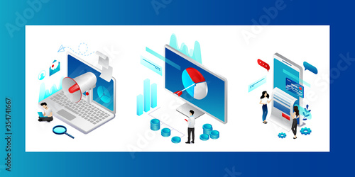 Digital Marketing Concept. Characters Searching Trends, Strategies And Product Promotion Possibilities. Men And Women Meet Business Goals In Social Media Advertising. Isometric 3D Vector Illustration