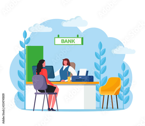 Bank manager consulting client about cash or deposit, credit operations. Banking employee, insurance agent sitting at desk with customer. Vector flat design 