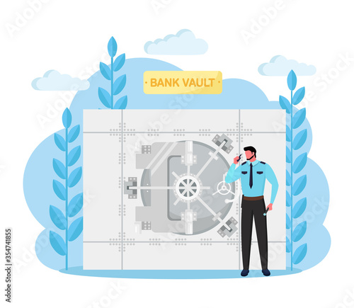 Bank vault with officer guard, safe room door with lock system. Money secure. Banking storage isolated on white background. Protection of deposit boxes, currency. Vector flat design