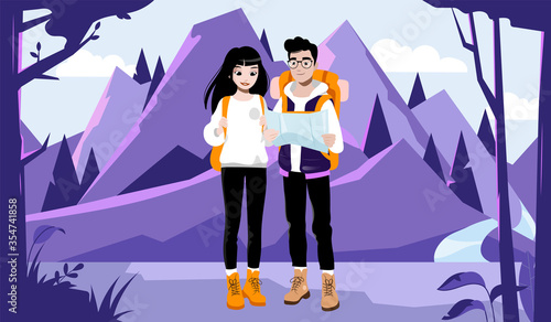 Weekend Adventure, Hiking And Camping Concept. Couple Of Young Tourists With Backpacks And Route Map. Male And Female Characters Are Going Hike On Mountains. Cartoon Flat Style. Vector Illustration
