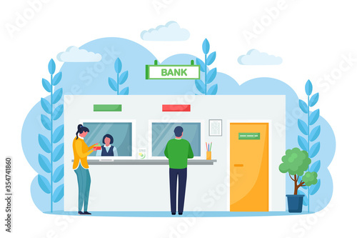 Cashier women working at cash desk in a bank. Client and teller behind cash department window. Business financial service. Banking employee at the counter. Vector cartoon design
