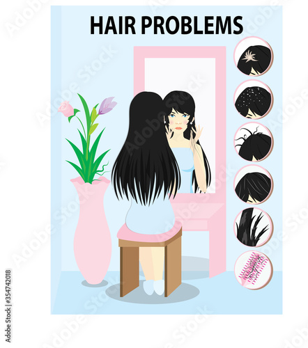 6 Common Hair Problems with. woman looking at the mirror with the trouble on her hair.