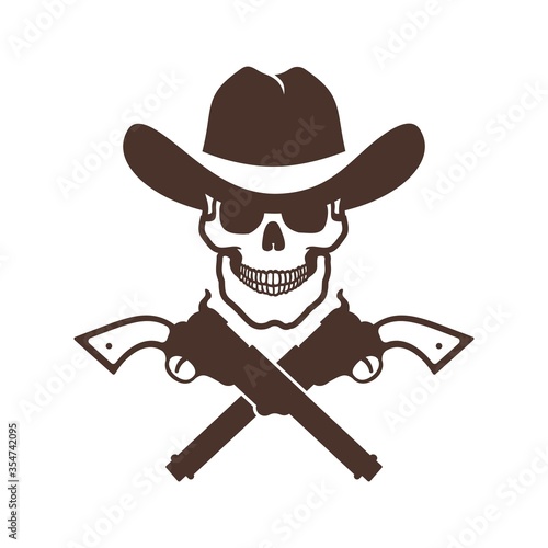 Skull cowboy icon with guns. Western logo. Wild west bandit tattoo. Vector illustration.