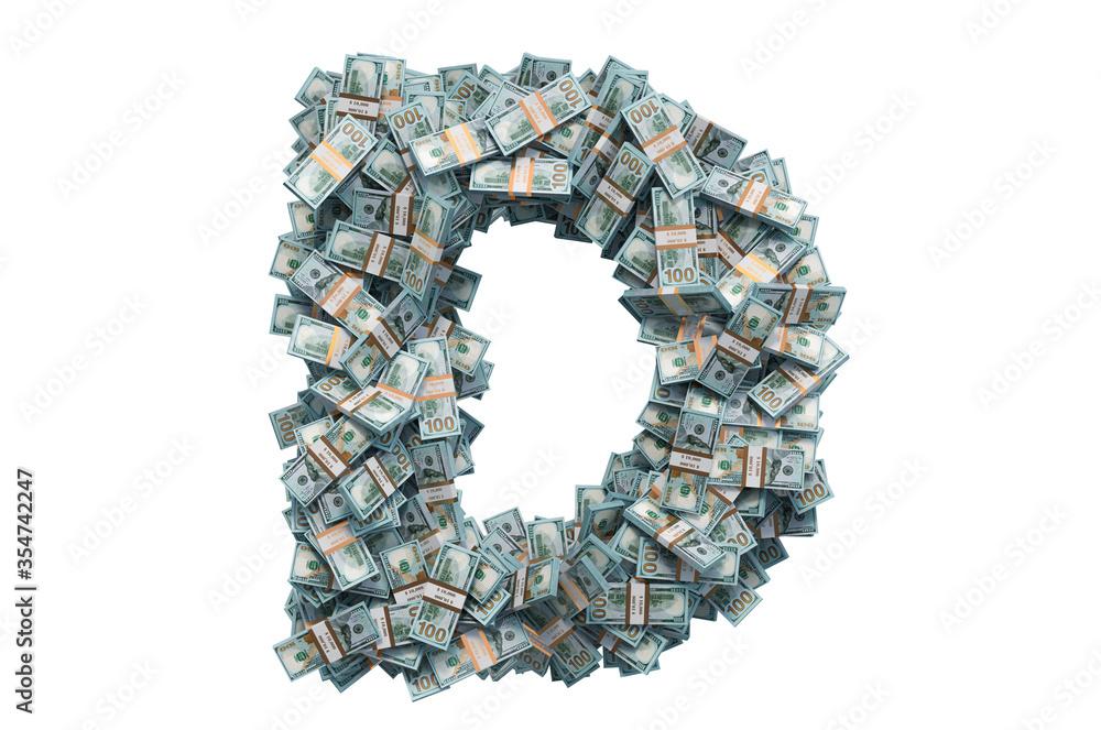 Letter D from dollar packs. 3D rendering Letter D from dollar packs. 3D rendering