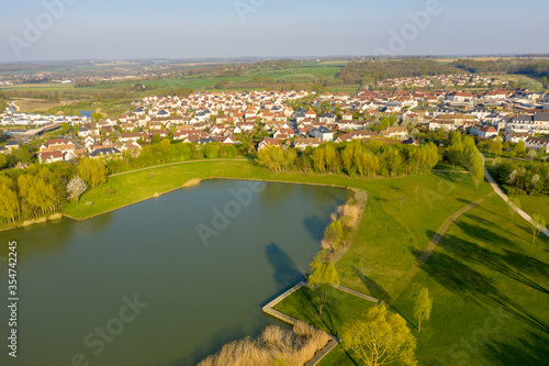 Panoramic aerial view of Lake Magny-le-Hongre, France