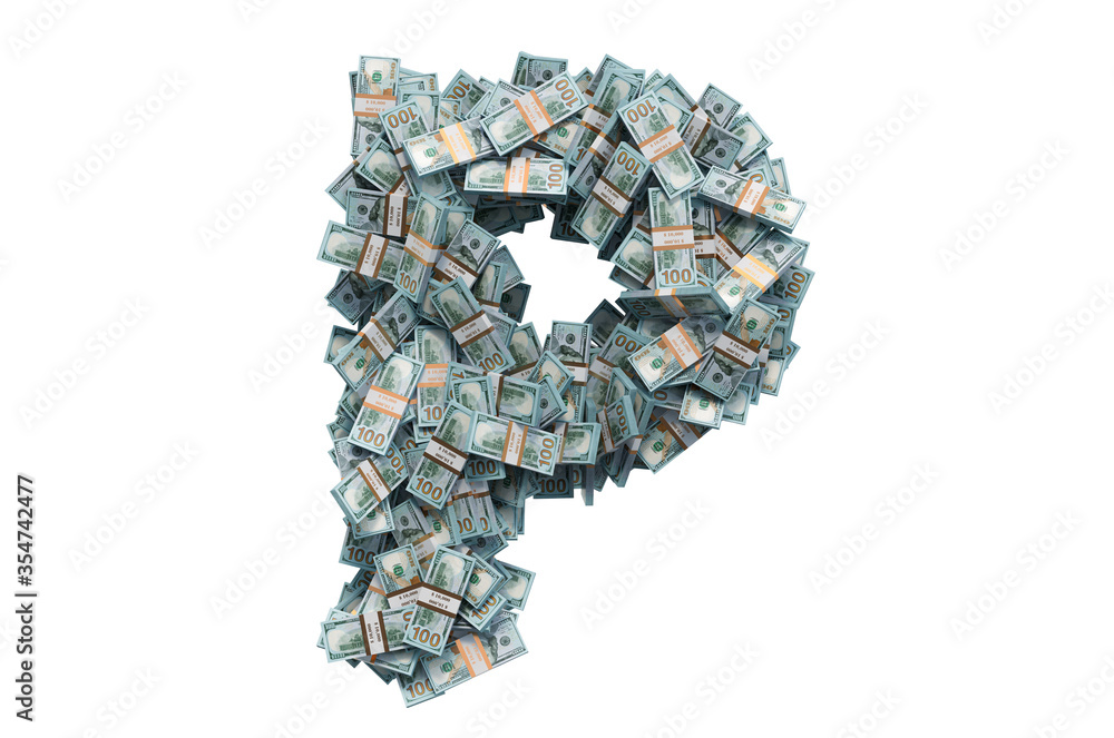 Letter P from dollar packs. 3D rendering Letter P from dollar packs. 3D rendering