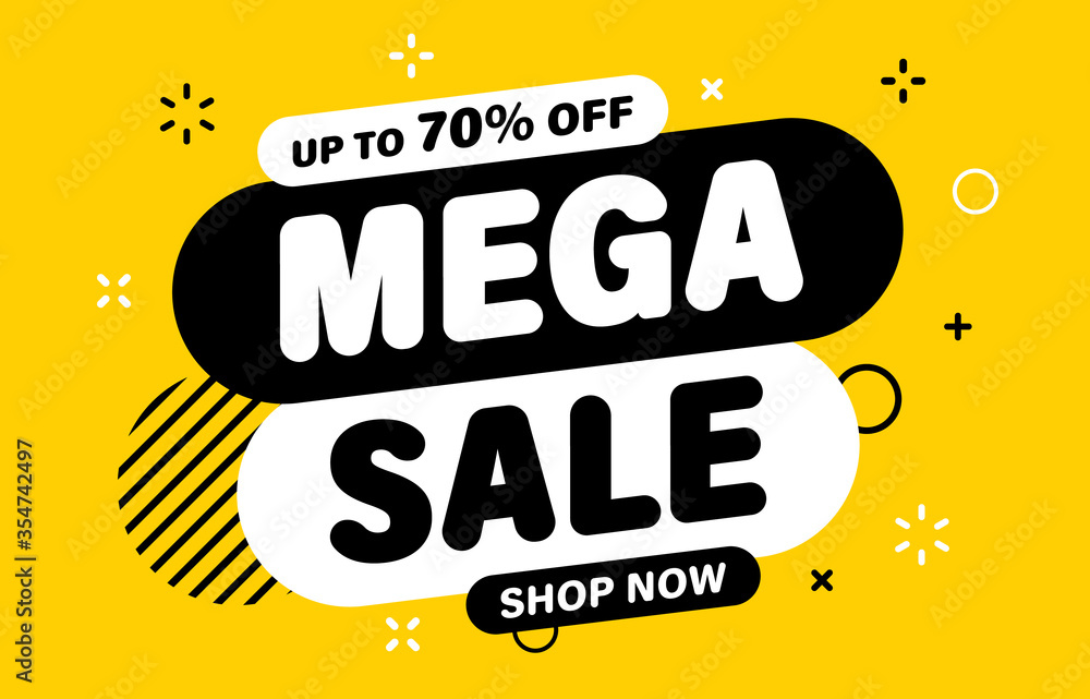 Mega Sale banner, special offer and sale. Shop now or this weekend only. Up to 50 or 60 or 70 off. Discount, mega sale. Vector illustration. Mega Sale banner, special offer and sale. Shop now or this weekend only. Up to 50 or 60 or 70 off. Discount, mega sale. Vector illustration.