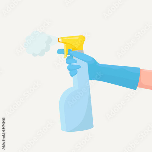 Spraying anti-bacterial sanitizer spray to prevent colds, flu, virus, coronavirus. Hand holds bottle with sanitizer dispenser. Disinfection cleaning by alcohol spray. Vector cartoon design