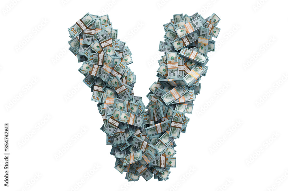 Letter V from dollar packs. 3D rendering Letter V from dollar packs. 3D rendering