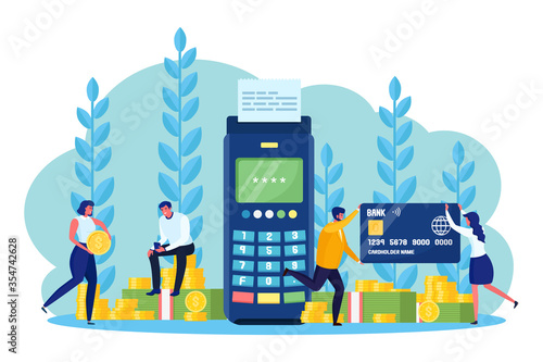 Pos terminal with receipt, bill and bank employee, people. Cashless payment with credit or debit card. NFC system. Businessman hold coin. Electronic machine for banking transaction. Vector flat design