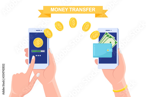 Money transfer with digital wallet. Cashback, reward concept. Human hand holding mobile phone with banking app, purse with cash, coin, dollar bill on screen. Online payment. Vector flat design