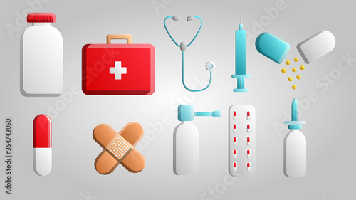 Large set of 10 medical scientificl medical items jar icons with tablets capsules first aid kits first aid kit stethoscopes syringes drops on a white background. Vector illustration