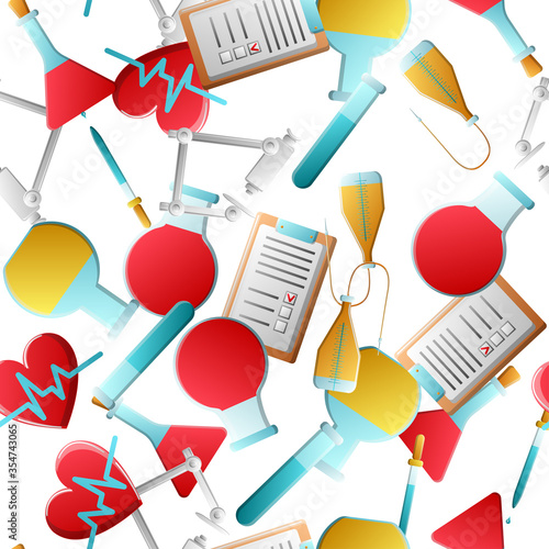 Endless seamless pattern of medical scientific medical objects icons of droppers of hearts with the pulse of flasks of documents and microscopes on a white background. Vector illustration