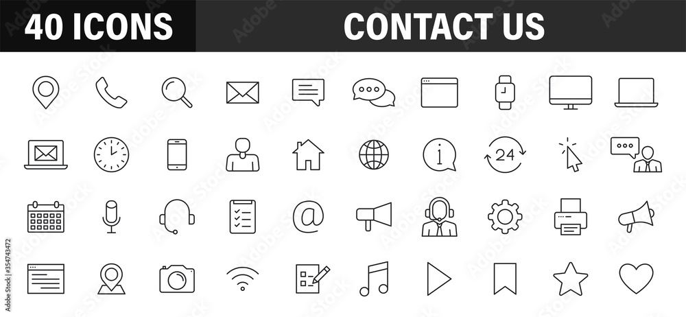 Set of 40 Contact Us web icons in line style. Web and mobile icon. Chat, support, message, phone. Vector illustration.