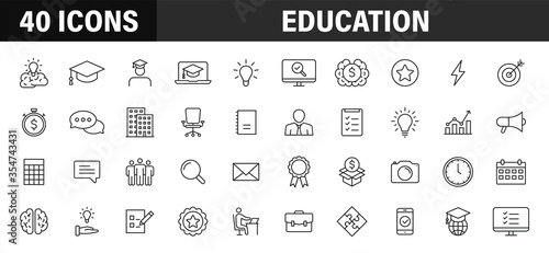 Set of 40 Education and Learning web icons in line style. School, university, textbook, learning. Vector illustration.