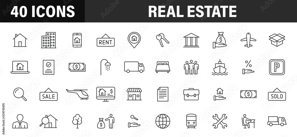 Set of 40 Real Estate web icons in line style. Rent, building, agent, house, auction, realtor. Vector illustration.