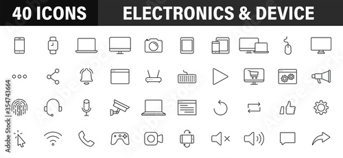 Set of 40 Technology and Electronics and Devices web icons in line style. Device, phone, laptop, communication, smartphone, ecommerce. Vector illustration.