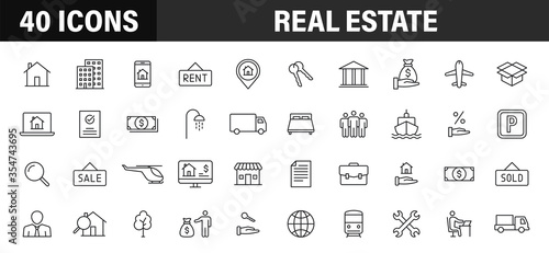 Set of 40 Real Estate web icons in line style. Rent, building, agent, house, auction, realtor. Vector illustration.
