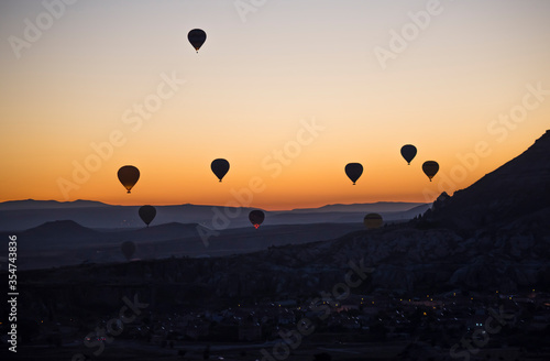 hot air balloon in cappadocia on sunset