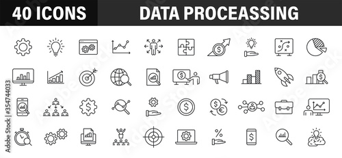 Set of 40 Data Proceassing web icons in line style. Graphic, analytics, statistic, network, diagrams, digital. Vector illustration.