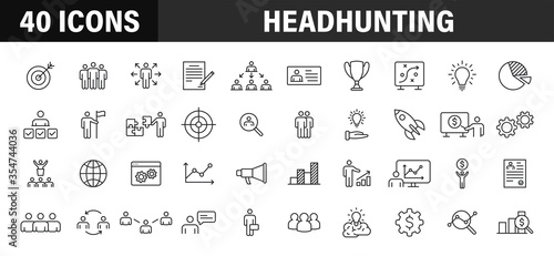Set of 40 Headhunting web icons in line style. Skills, work, professional, employment, management, teamwork. Vector illustration.