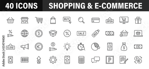 Set of 40 E-commerce and shopping web icons in line style. Mobile Shop, Digital marketing, Bank Card, Gifts. Vector illustration.