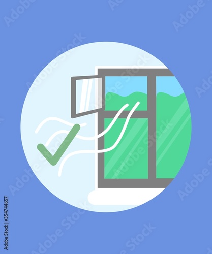Ventilation through an open window  vector illustration. Sanitary measures against the virus. Prevention of covid at home. Fresh air at room. Indoor disinfection. Health care icon.