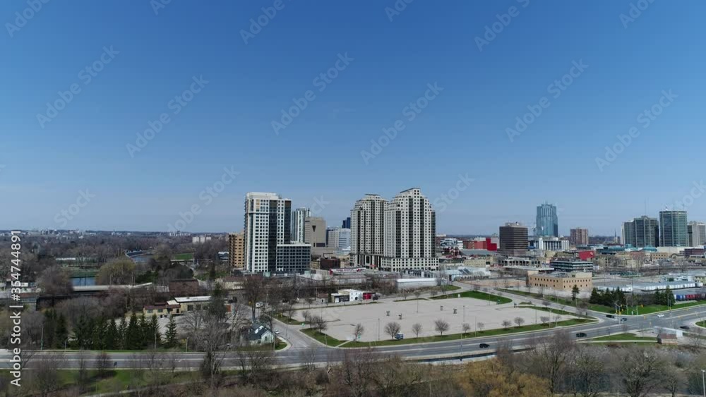 Ascending Aerial Drone Over Nearly Empty City Skyline Core During Day During Fear Pandemic Ascending Aerial Drone Over Nearly Empty City Skyline Core During Day During Fear Pandemic