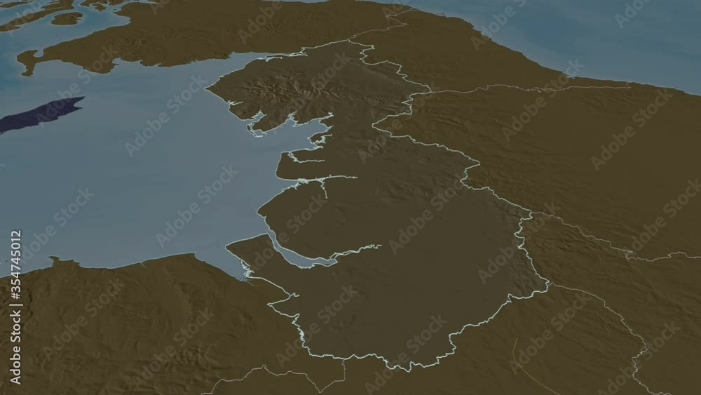 North West, region with its capital, zoomed and extruded on the administrative map of United Kingdom in the conformal Stereographic projection. Animation 3D North West, region with its capital, zoomed and extruded on the administrative map of United Kingdom in the conformal Stereographic projection. Animation 3D