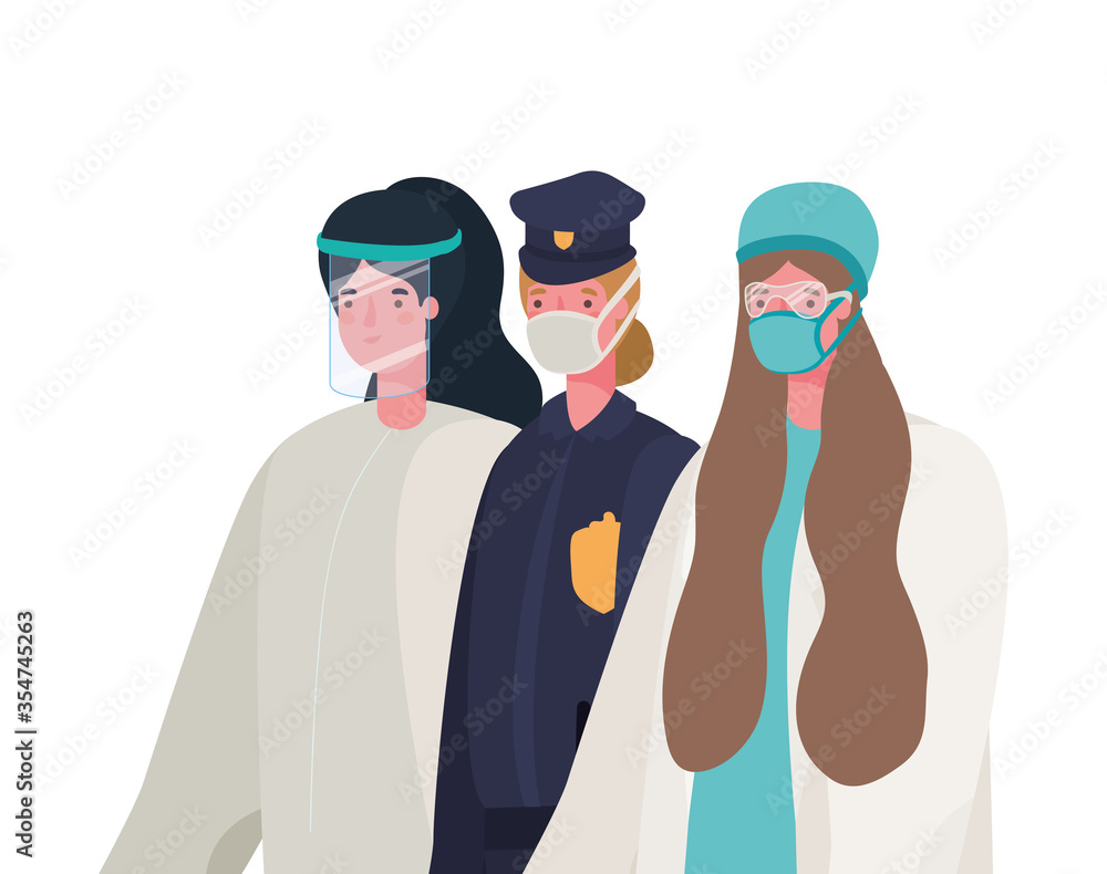 Police woman and doctors with protective suit and mask vector design Police woman and doctors with protective suit and mask vector design