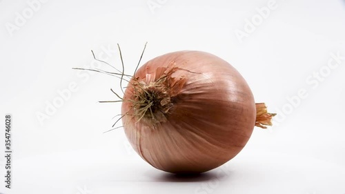 Yellow onion spinning with a white background. 