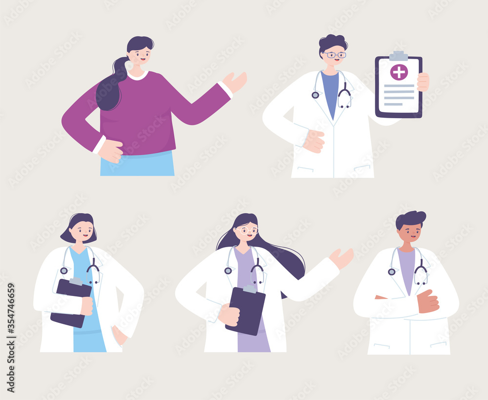 telemedicine, characters doctors female male patient medical stethoscope and report telemedicine, characters doctors female male patient medical stethoscope and report