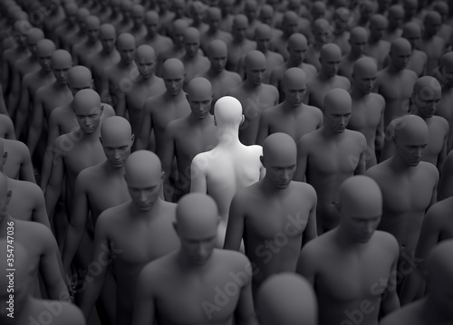 People in line, only one is turned.